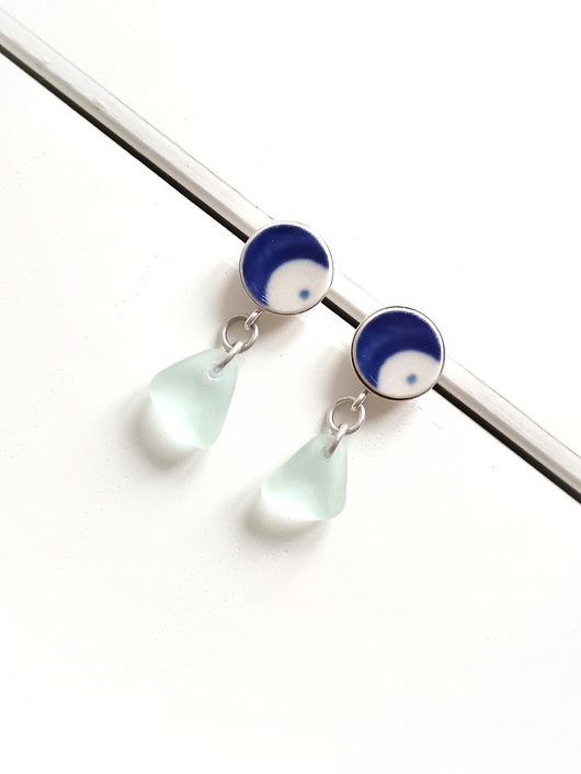 kolczyki ceramiczne Kolczyki ceramiczne Bolesławiec + szkło z morza