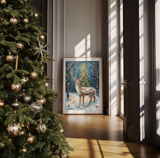 plakaty PLAKAT świąteczny jeleń grafika Boże Narodzenie renifer