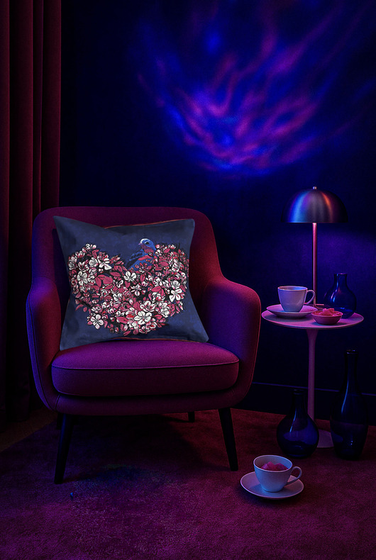 poduszki, poszewki - różne PODUSZKA dekoracyjna autorski wzór: kwiatowe serce z niebieskim ptakiem