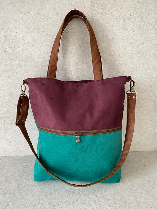 torby na ramię Duża torba z zapinaną kieszenią - oberżyna, zieleń, koniak