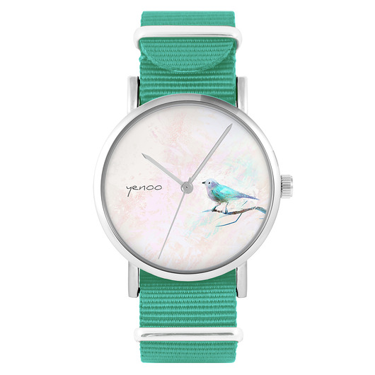 zegarki damskie Zegarek - Turkusowy ptaszek - turkusowy, nylonowy