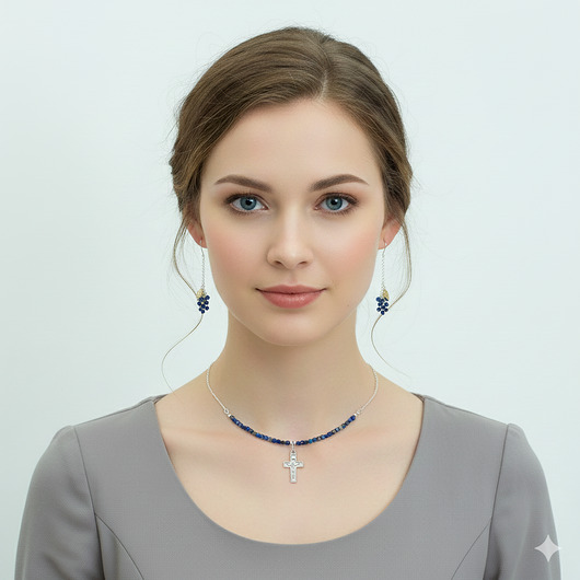 srebrne naszyjniki Lapis lazuli, srebro 925, delikatny, granatowy naszyjnik z krzyżykiem