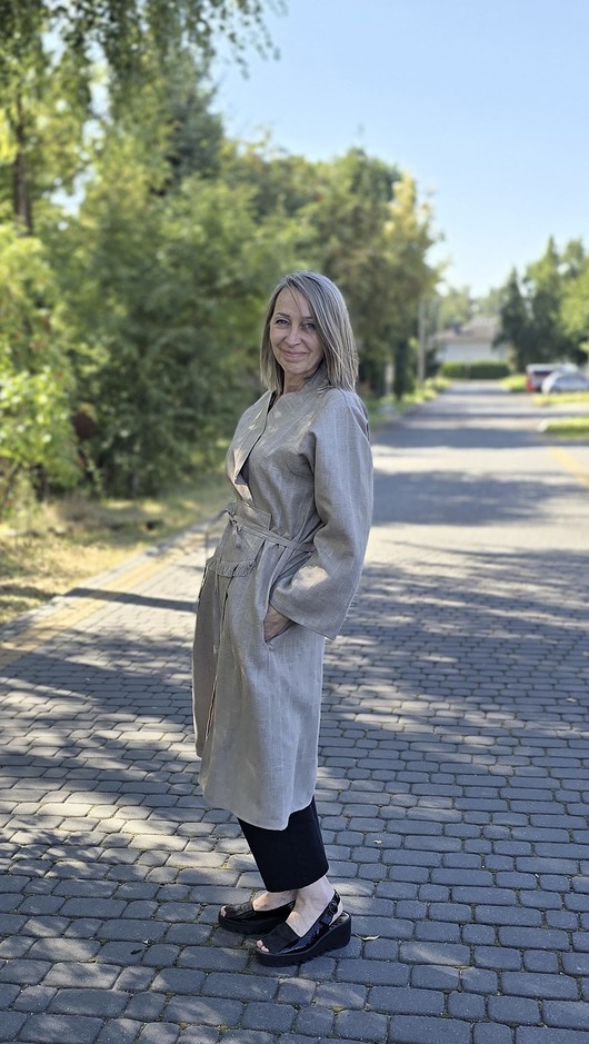 sukienki midi damskie Kimono sukienka z paskiem 100% len beżowe.