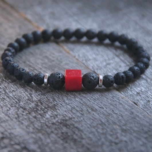 męska bransoletka :: black lava & red coral :: kaktusia