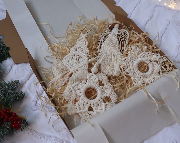 ozdoby choinkowe Zestaw ozdób choinkowych ecru - makrama