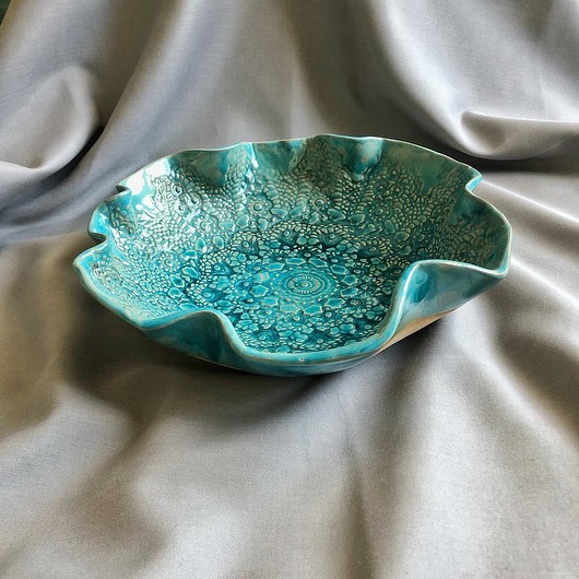 miski i misy Turkusowa misa ceramiczna z koronką