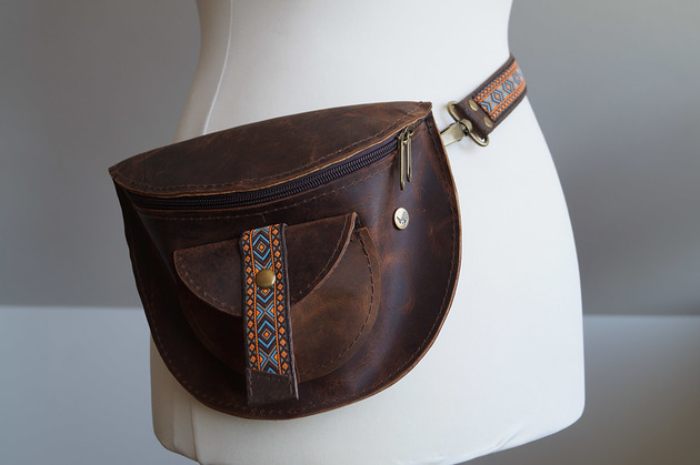 saszetka nerka SKÓRZANA NERKA Brązy Crazy Horse Aztecki Pasek Etno Folk