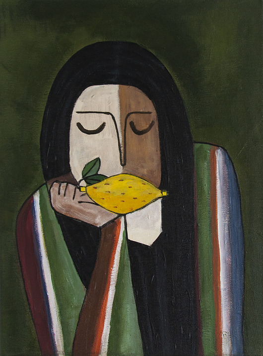 obrazy ORYGINAŁ. Obraz na płótnie -Kobieta z cytryną 40x30x4 cm