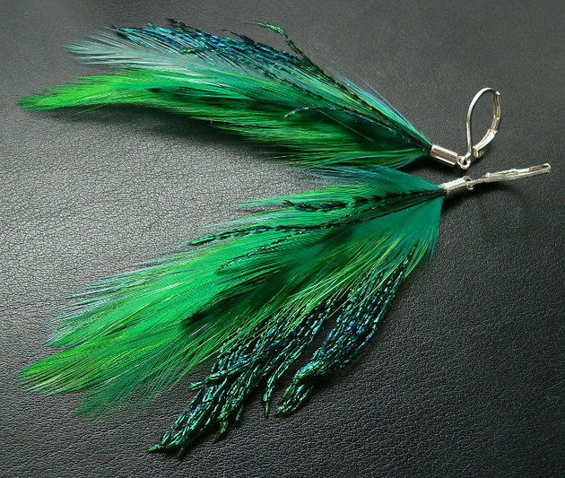 kolczyki z piórami Pióra pawie motyle zielone