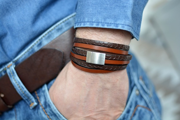 biżuteria męska BRANSOLETKA SKÓRZANA POTRÓJNA ALLIGATO SATIN STEEL brown