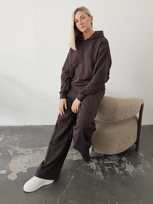 komplety damskie Aba komplet oversized kangurka i szerokie spodnie wide leg Chocolate