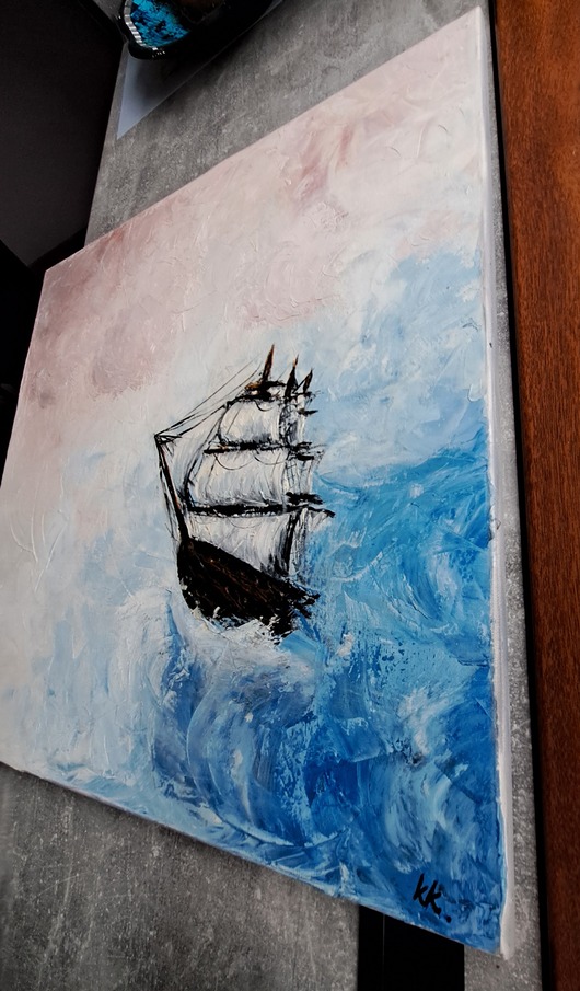 obrazy Statek w Chmurach Obraz Olej 60x60 Abstrakcja Fale Róż Błękit Impasto
