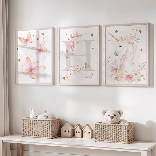 obrazy i plakaty do pokoju dziecięcego Jednorożec i motyle zestaw 5