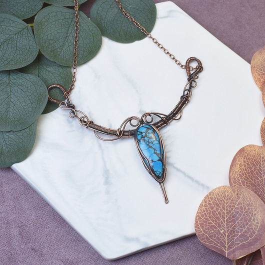 kolie Miedziany naszyjnik wire wrapping z turkusem #498