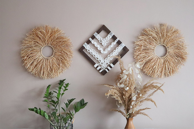 Ozdoby na ścianę Dekoracja na ścianę z rafii, koło, boho, wianek