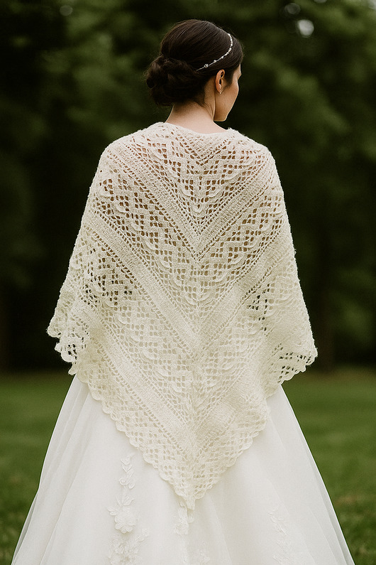 dodatki ślubne Ozdobna chusta ślubna ecru Klaziena ręcznie robiona z merino