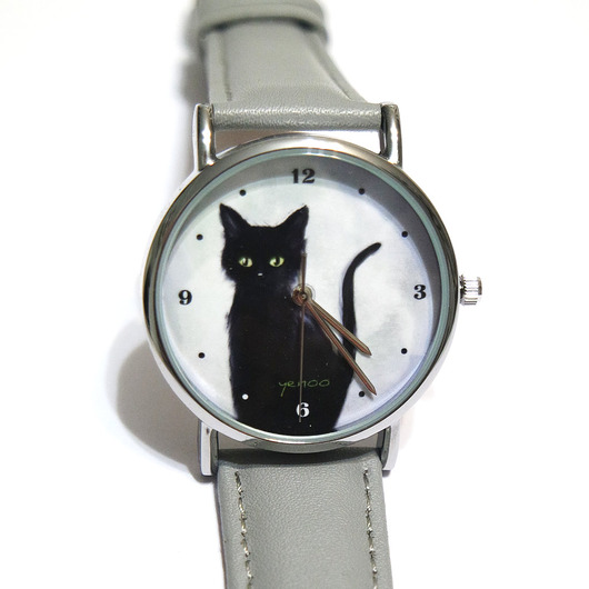 zegarki damskie Zegarek - Czarny kot - szary, skórzany
