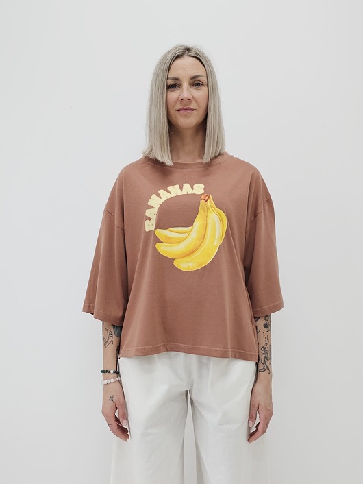 t-shirt damskie Bawełniana bluzka z bananami o luźnym kroju z rękawem 3/4
