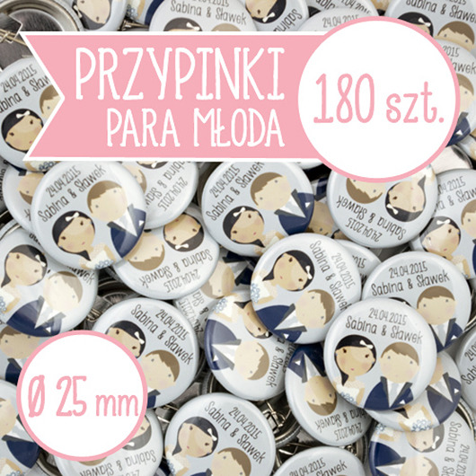 180 szt. przypinki ślubne Młoda Para 25 mm inkipinki