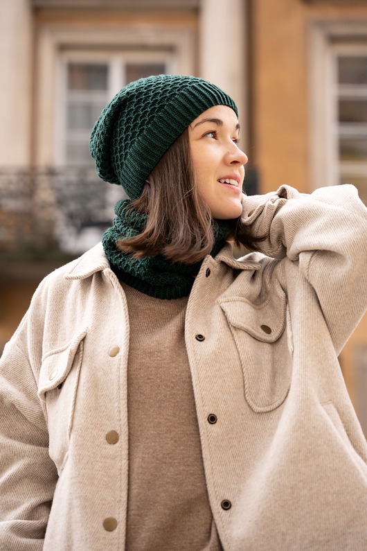 komplety damskie Zestaw Classic - Luźna Czapka Slouchy & Komin - Butelkowa Zieleń