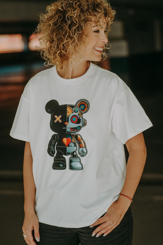 t-shirt damskie T-shirt oversize Robot Teddy dla mamy cream