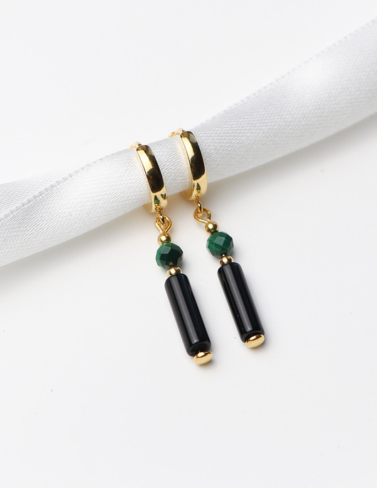 kolczyki z kamieniami Kolczyki pozłacane - Czarny Turmalin, Malachit