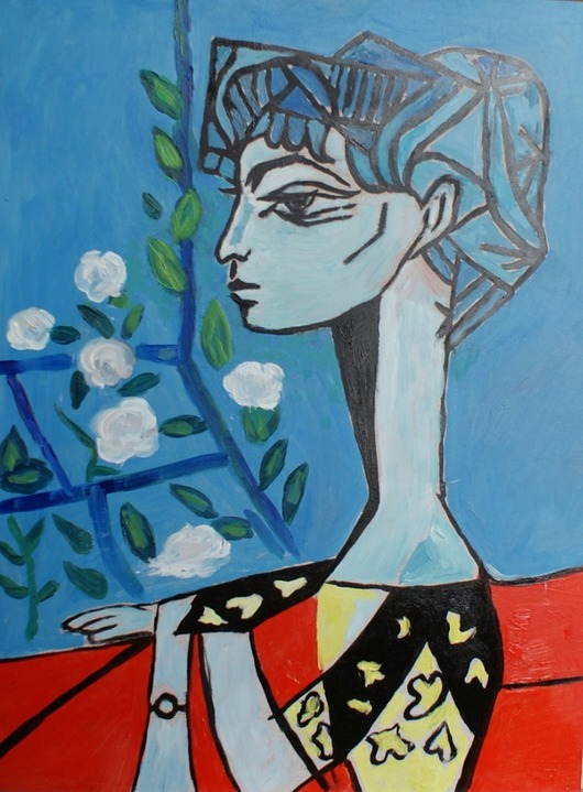 obrazy Kolorowy obraz  olejny do salonu Pablo Picasso Jacqueline z kwiatami
