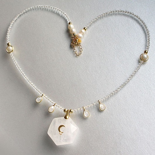 złote naszyjniki Unikatowy Choker kryształ górski, kamień księżycowy, perła słodkowodna