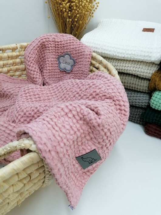 Lniany,personalizowany kocyk. Lniany wafelek. Enitka Sweet Baby Room