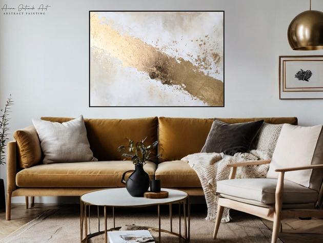 obrazy ZŁOTY PYŁ Abstrakcyjny obraz malowany ręcznie  100x70cm