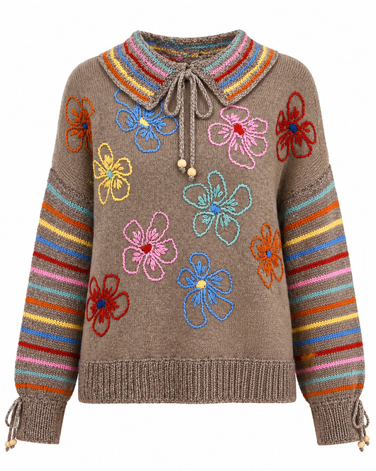 swetry damskie  Sweter brązowy z haftami i kołnierzykiem, rozmiar L/XL