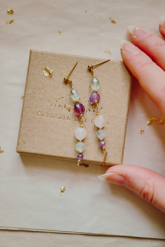 kolczyki z kamieniami Kolczyki Talayla, fluoryt, ametyst, jadeit
