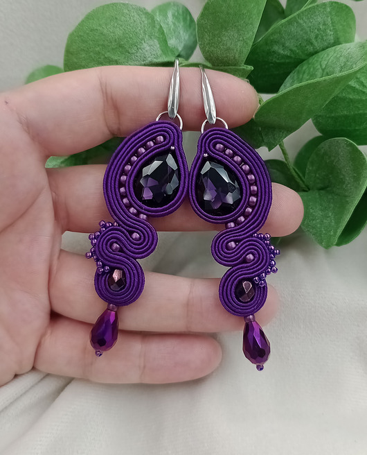 kolczyki soutache Długie śliwkowe kolczyki sutasz na wesele, fioletowe kolczyki