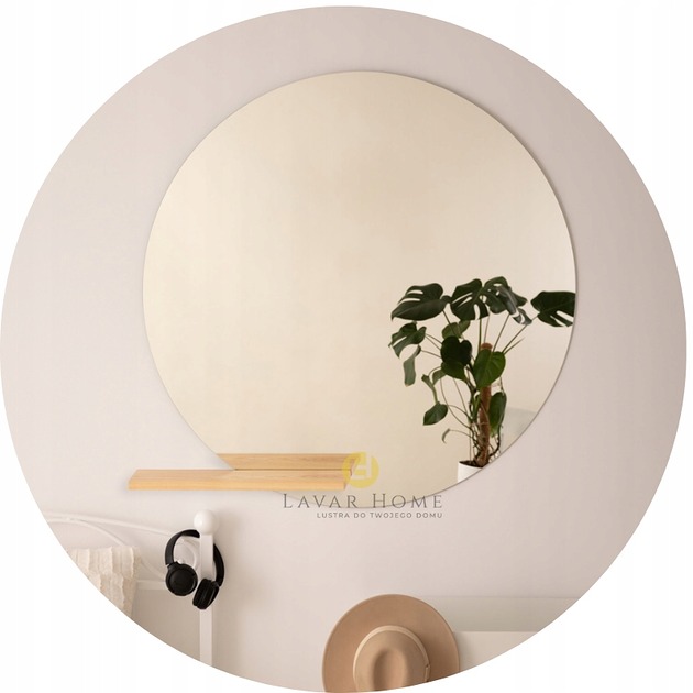 lustra stojące i wiszące LUSTRO OKRĄGŁE ŚCIENNE 60CM Z PÓŁKĄ DREWNIANĄ SALON POKÓJ ŁAZIENKA