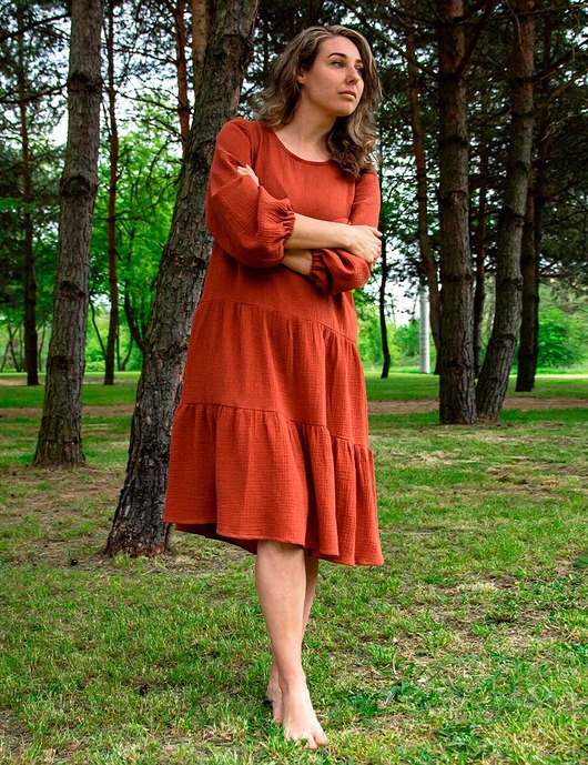 sukienki midi damskie Luźna sukienka BOHO z muślinu RUDA