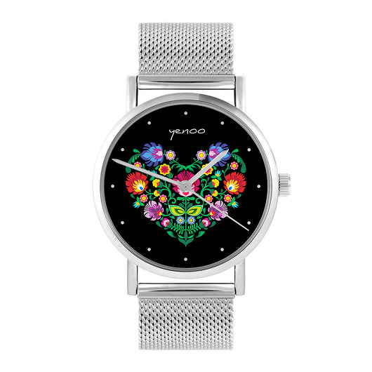 zegarki damskie Zegarek - Serce folk, czarne - bransoleta mesh