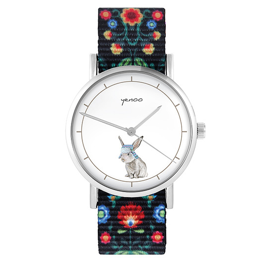 zegarki damskie Zegarek - Zajączek - folk czarny, nylonowy