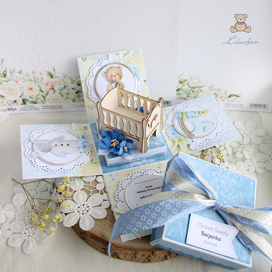kartki, zaproszenia na chrzest Exploding box na chrzest roczek "Hello" GOTOWY