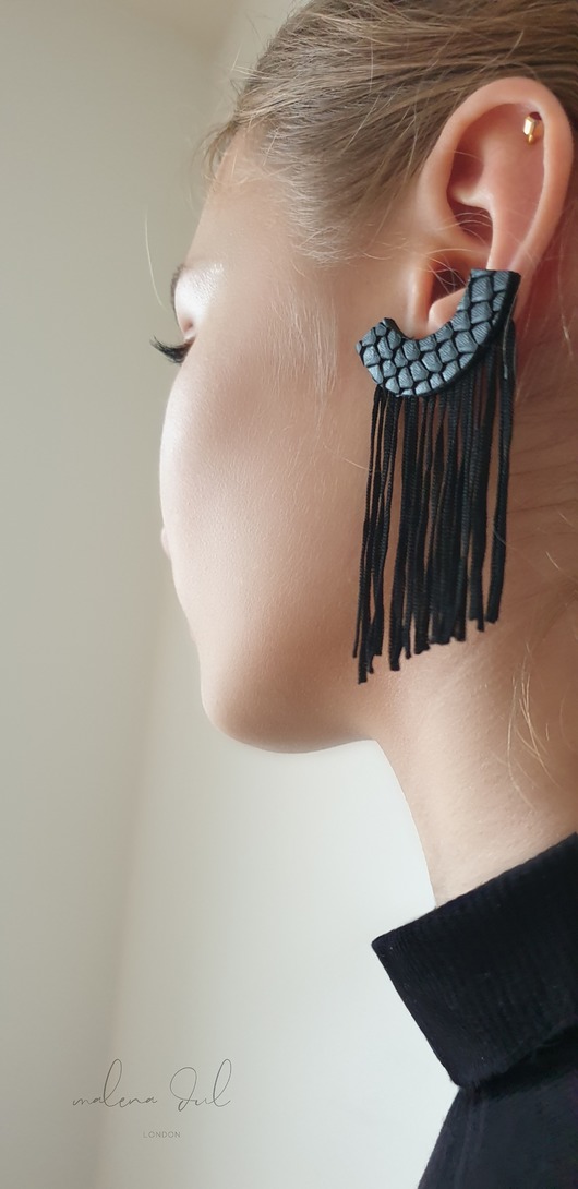 kolczyki chwosty FRINGE duże kolczyki z czarnej skóry naturalnej wąż frędzle