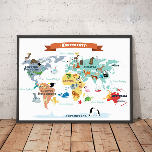 obrazy i plakaty do pokoju dziecięcego Biała Mapa świata 50x70 cm