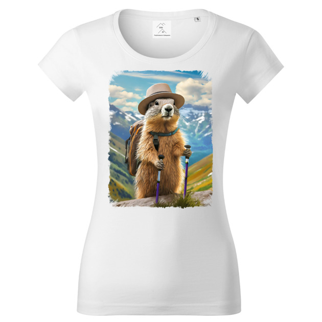 t-shirt damskie Tatra Art świstak na górskim szlaku z plecakiem w kapeluszu koszulka damska v3