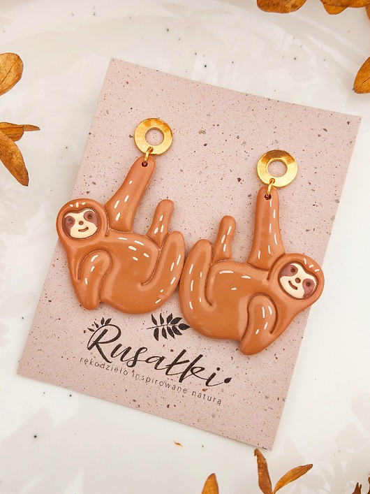 kolczyki z masy plastycznej Kolczyki leniwce, biżuteria dla niej, duże lekkie kolczyki, boho