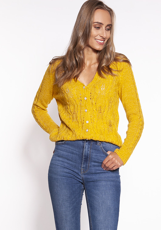 swetry damskie  Rozpinany sweter - SWE267 żółty MKM