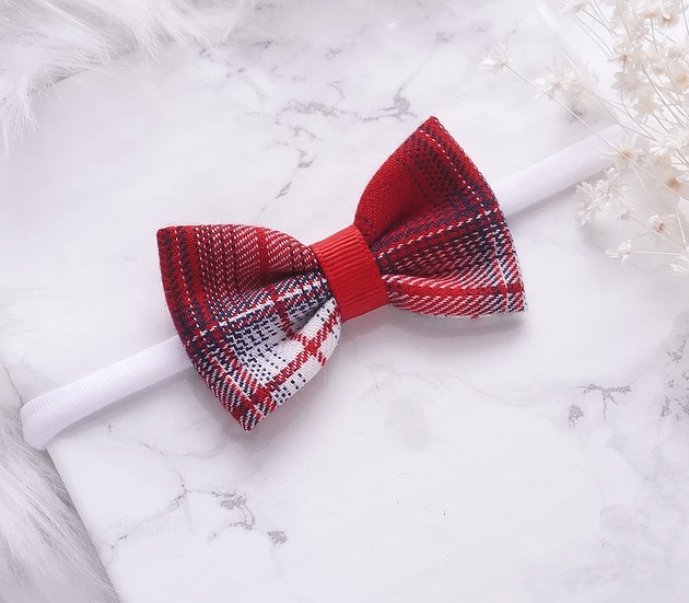 ozdoby do włosów dla dzieci Świąteczna opaska dla niemowląt kokarda czerwona kratka SANTA SK32