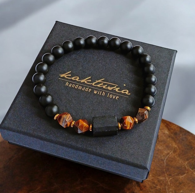 biżuteria męska SUKCES, OCHRONA, SIŁA :: tygrysie oko, turmalin, onyks :: gold