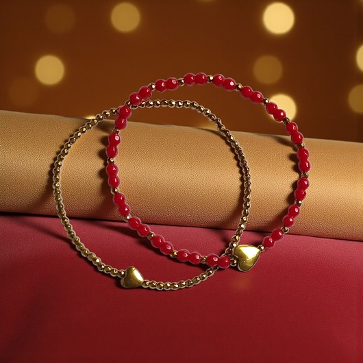 bransoletki z kamieni naturalnych Komplet czerwono-złoty : bransoletki z serduszkami : na prezent