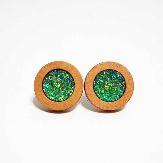 kolczyki drewniane Kolczyki drewniane - Druzy zielone - sztyfty