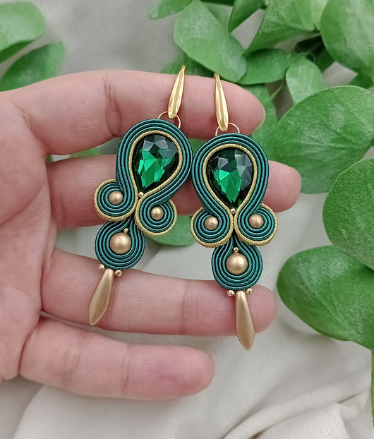 kolczyki soutache Szmaragdowe kolczyki, eleganckie kolczyki, wiszące zielone kolczyki
