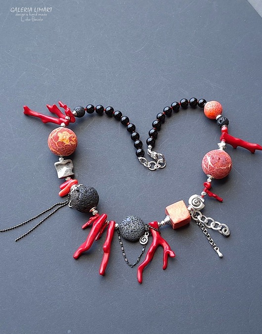 korale Niezwykły naszyjnik etno/boho z ciekawym koralem i lawą prezent lux UNIKAT