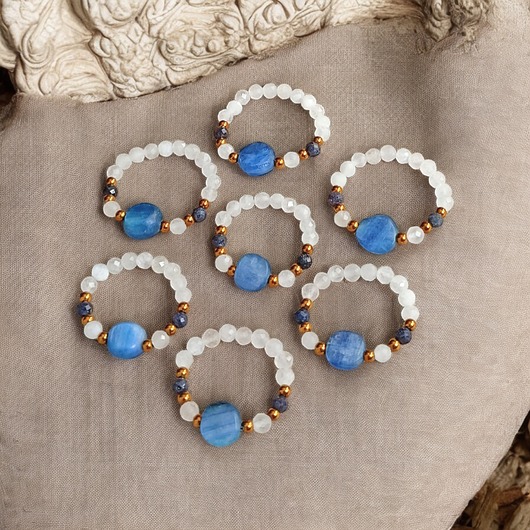 pierścionki elastyczne Pierścionek PREMIUM : kyanit, szafir, kamień księżycowy : PIERŚCIONEK